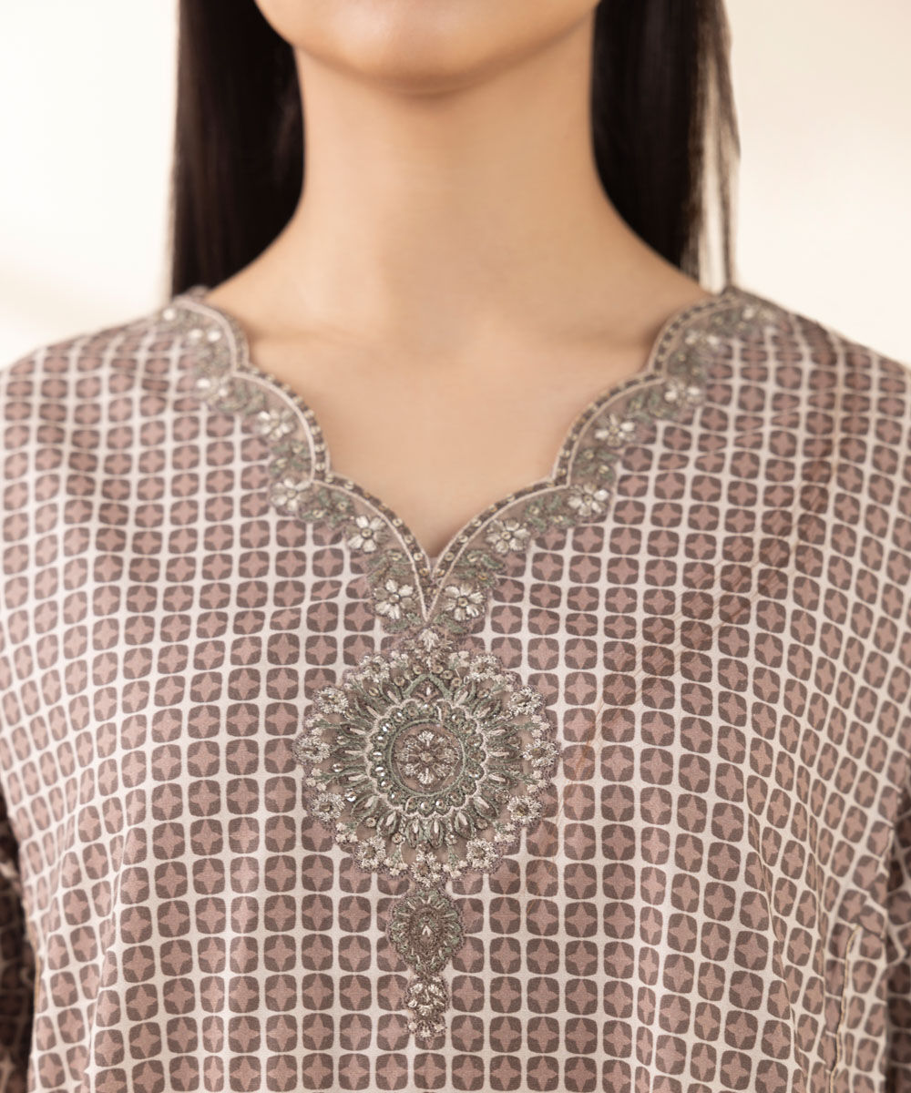 Unstitched Women's Embroidered Lawn Brown Three Piece Suit