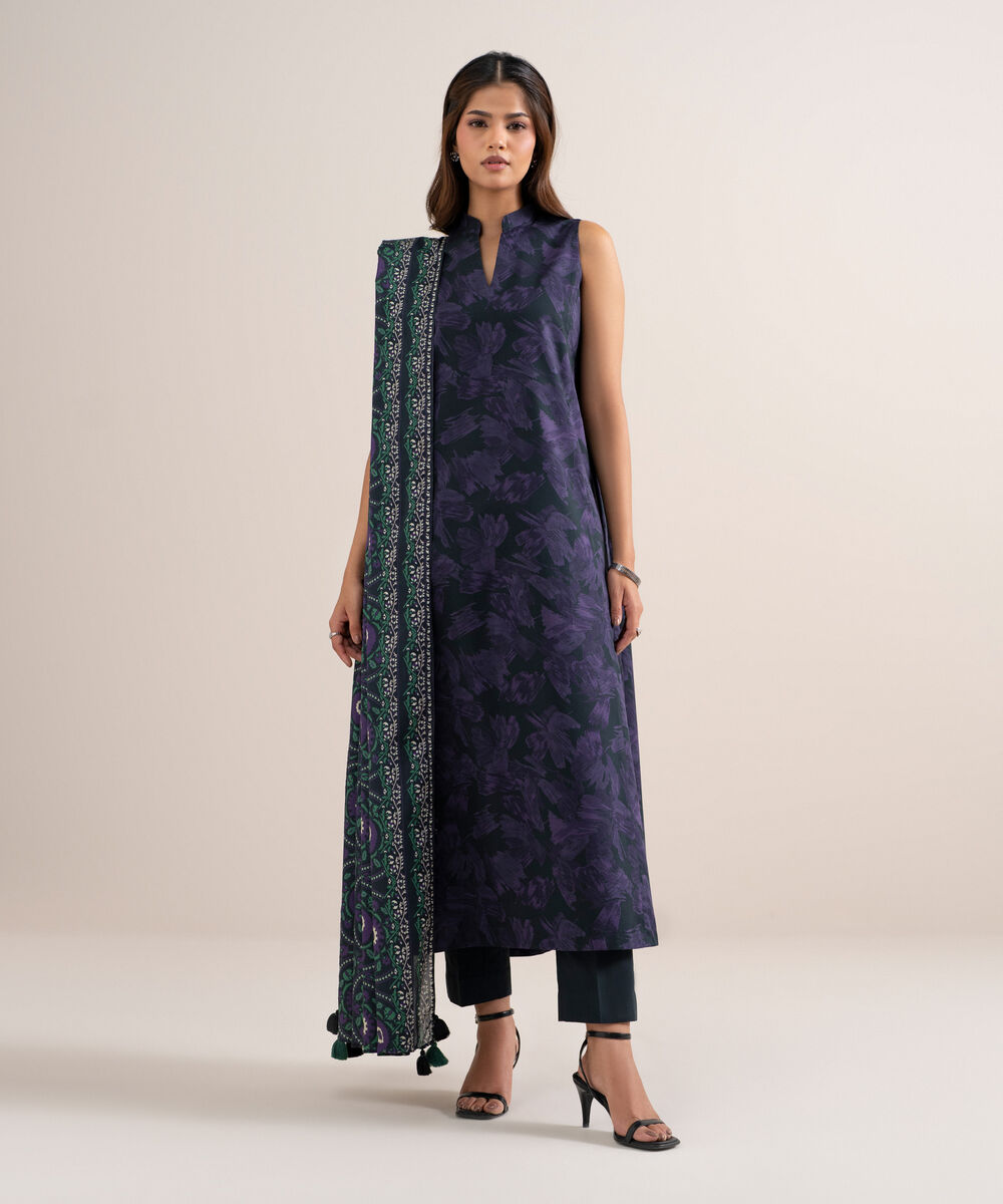 Women's Unstitched Lawn Printed Black and Purple 3 Piece Suit