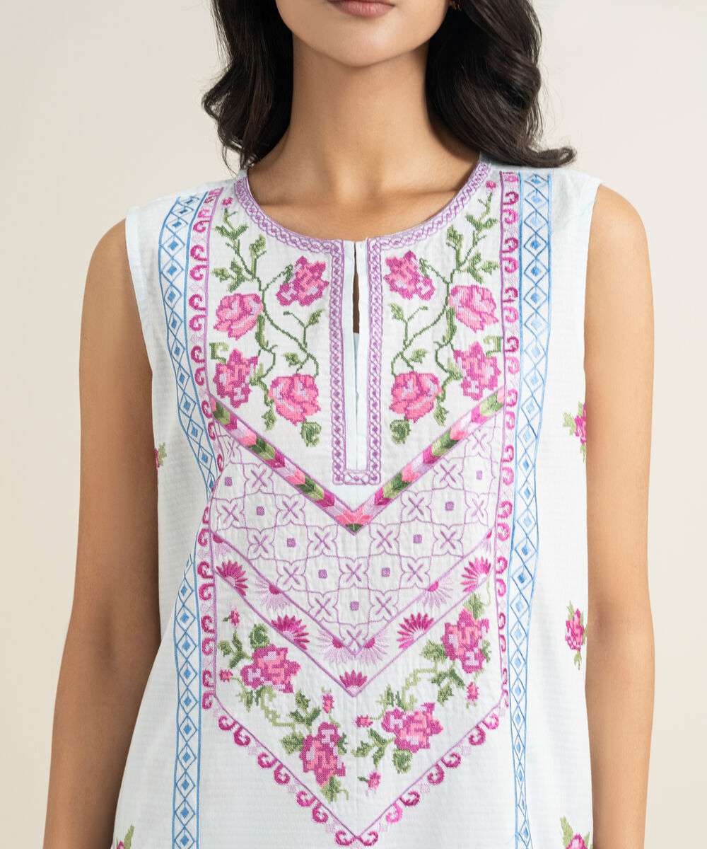 Women's RTW Dobby Embroidered Blue Straight Shirt