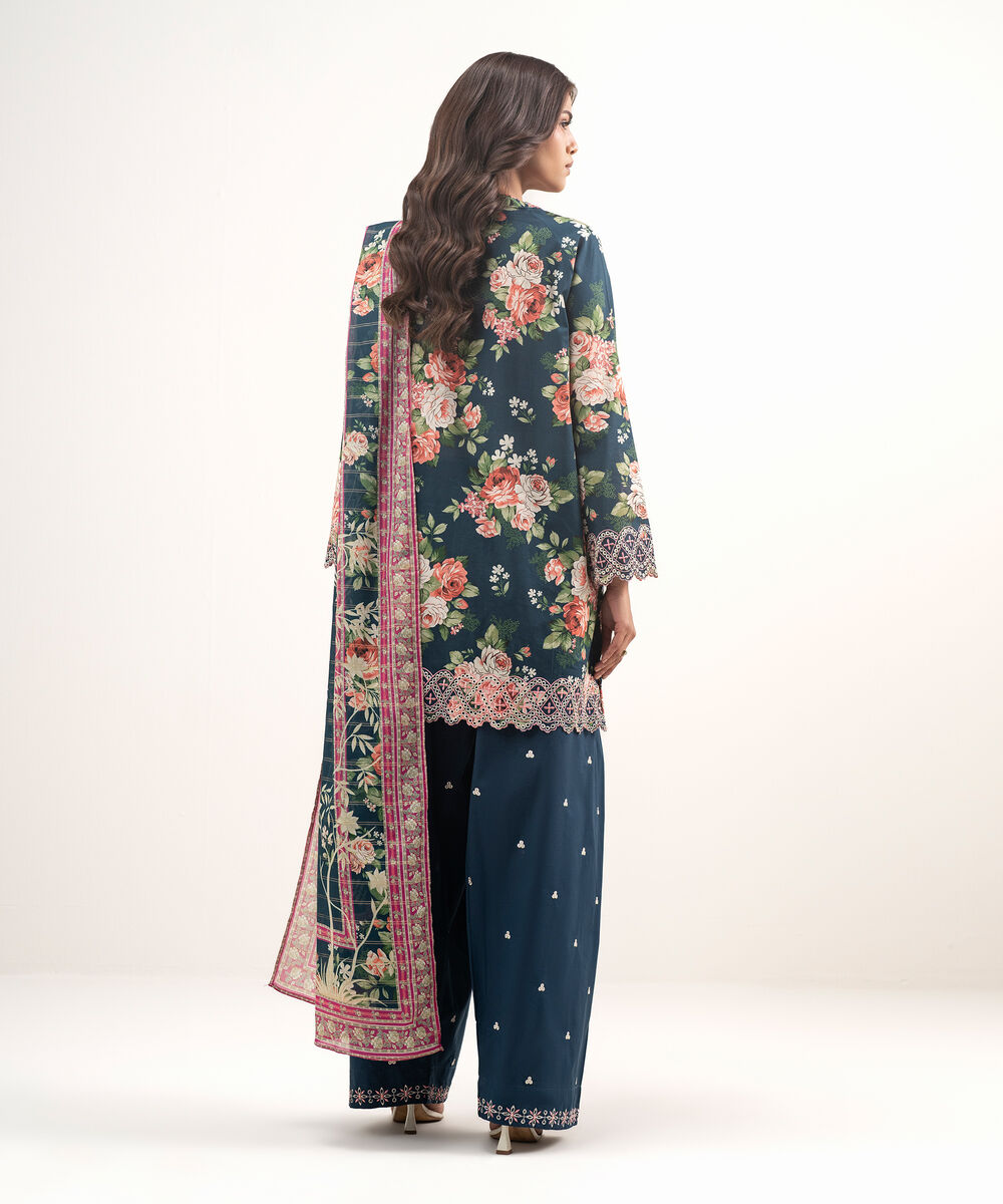 Women's RTW Lawn Embroidered Dark Blue 3 Piece Suit