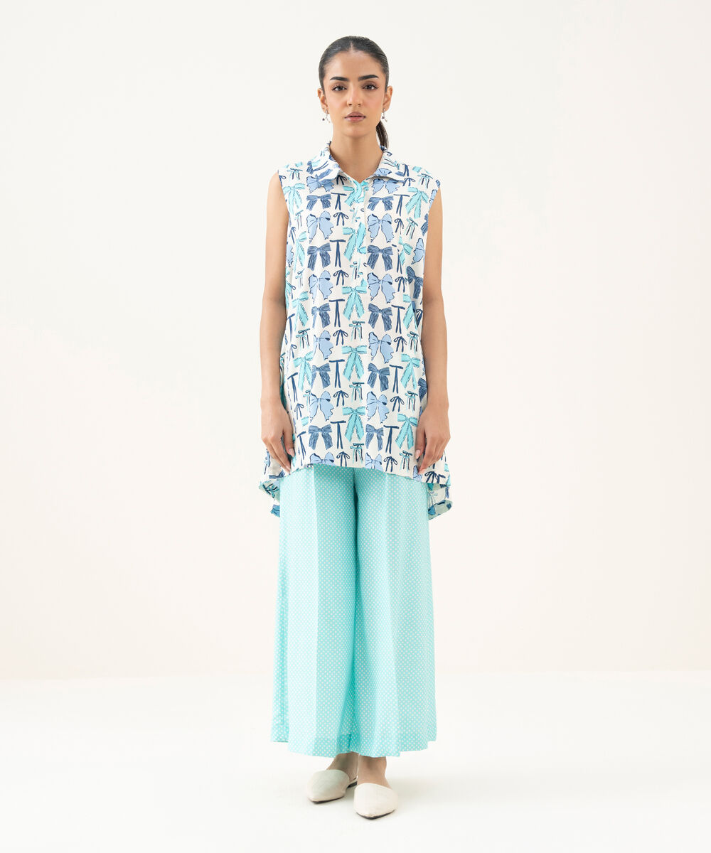 Women's RTW Linen Viscose Printed White Straight Shirt