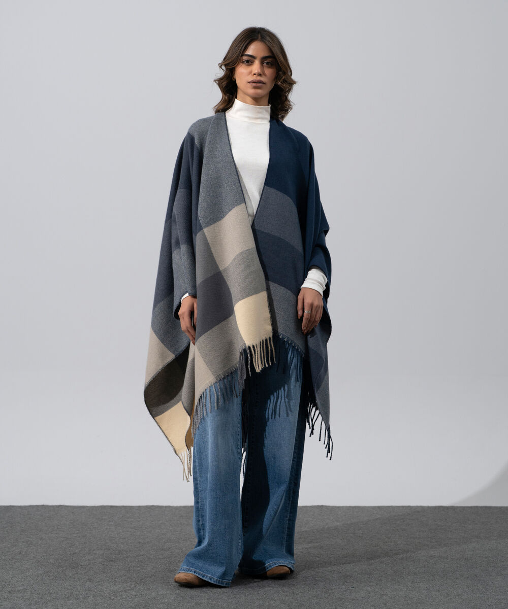 Women's Western Wear Grey Polyester Striped Cape Shawl