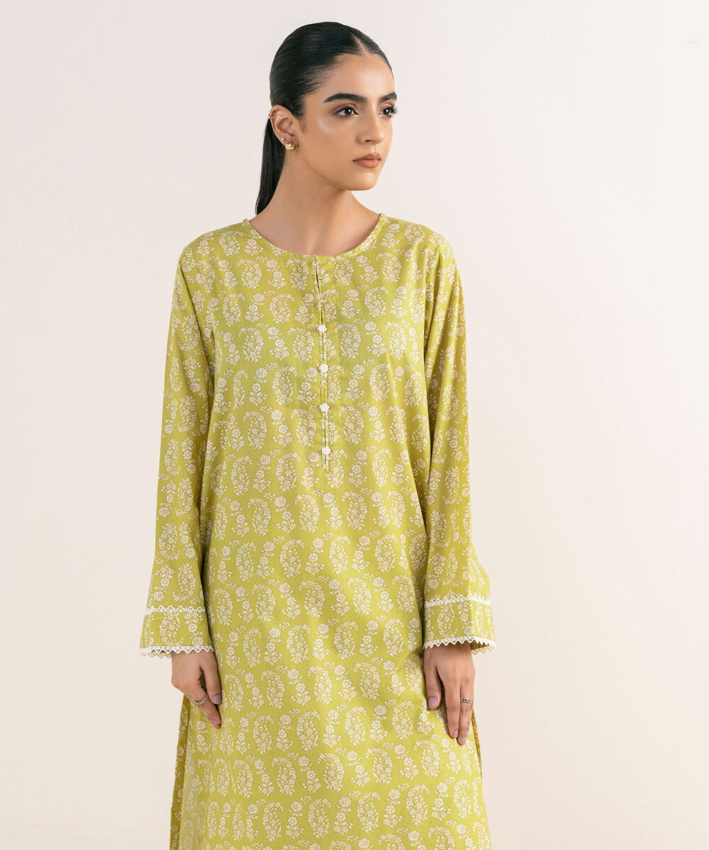 Women's RTW Textured Lawn Yellow Printed A-Line Shirt