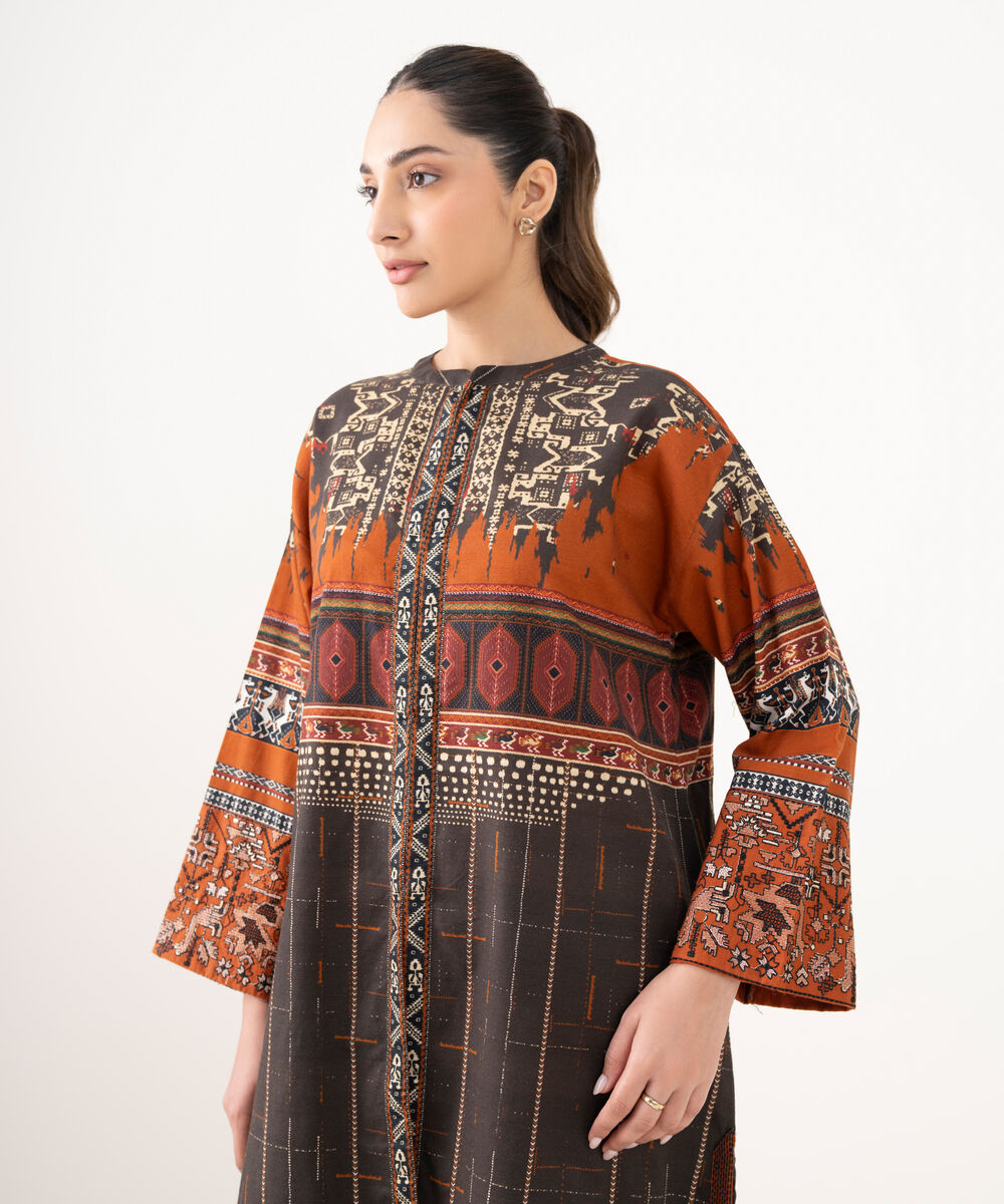 Women's RTW Light Khaddar Embroidered Rust Drop Shoulder Shirt