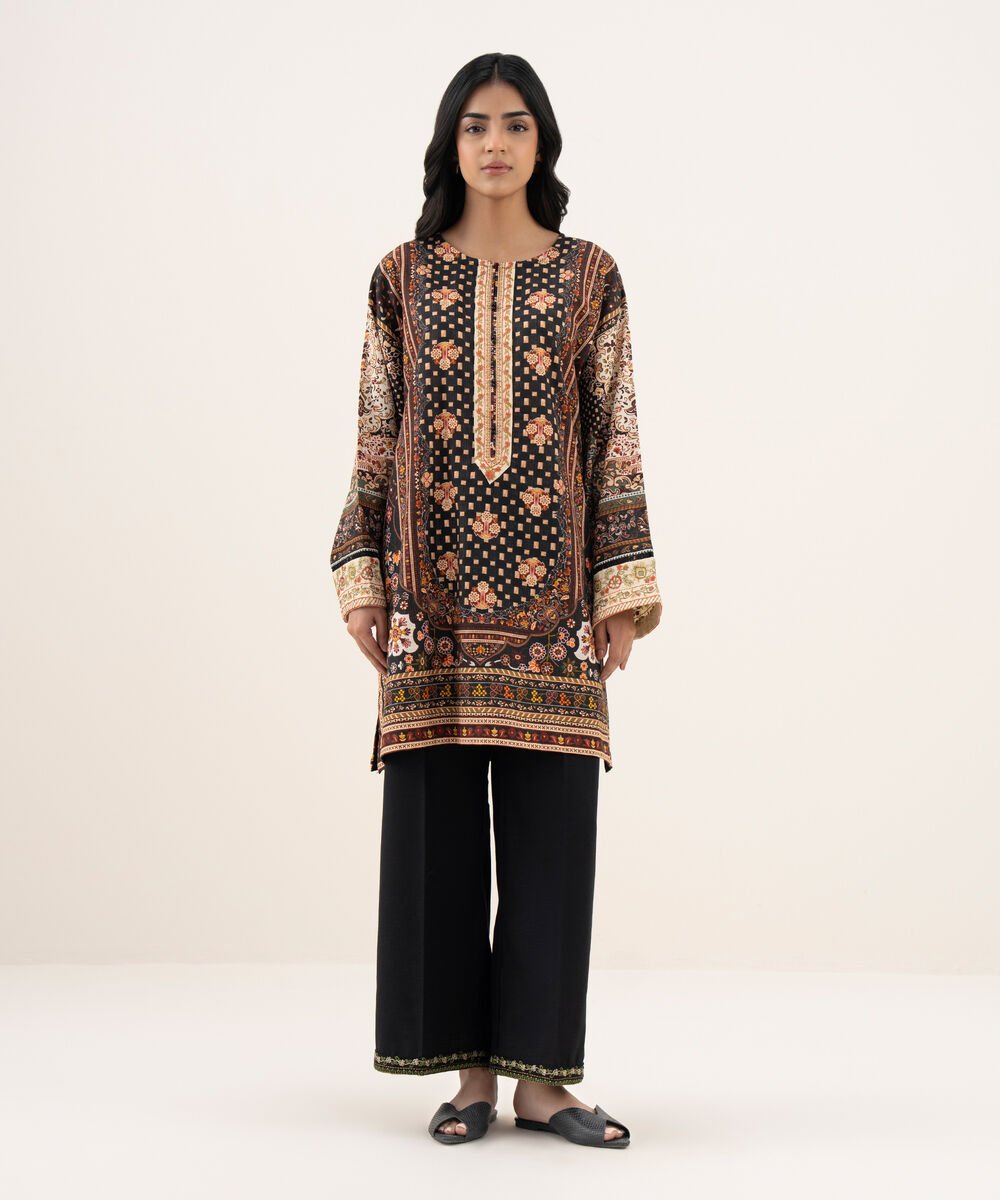 Women's RTW Light Khaddar Embroidered Straight Black Shirt