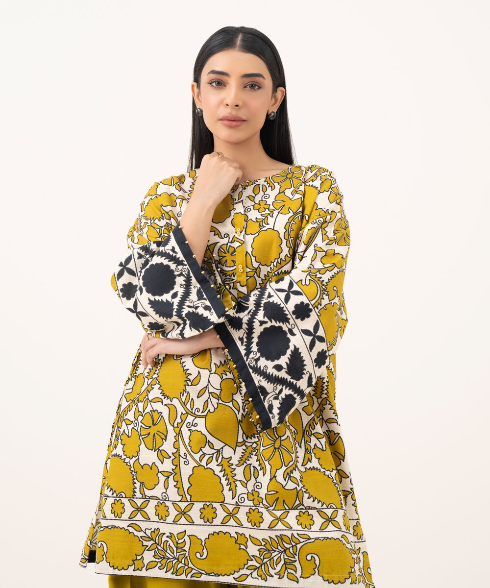 Women's RTW Light Khaddar Printed Green Drop Shoulder Shirt