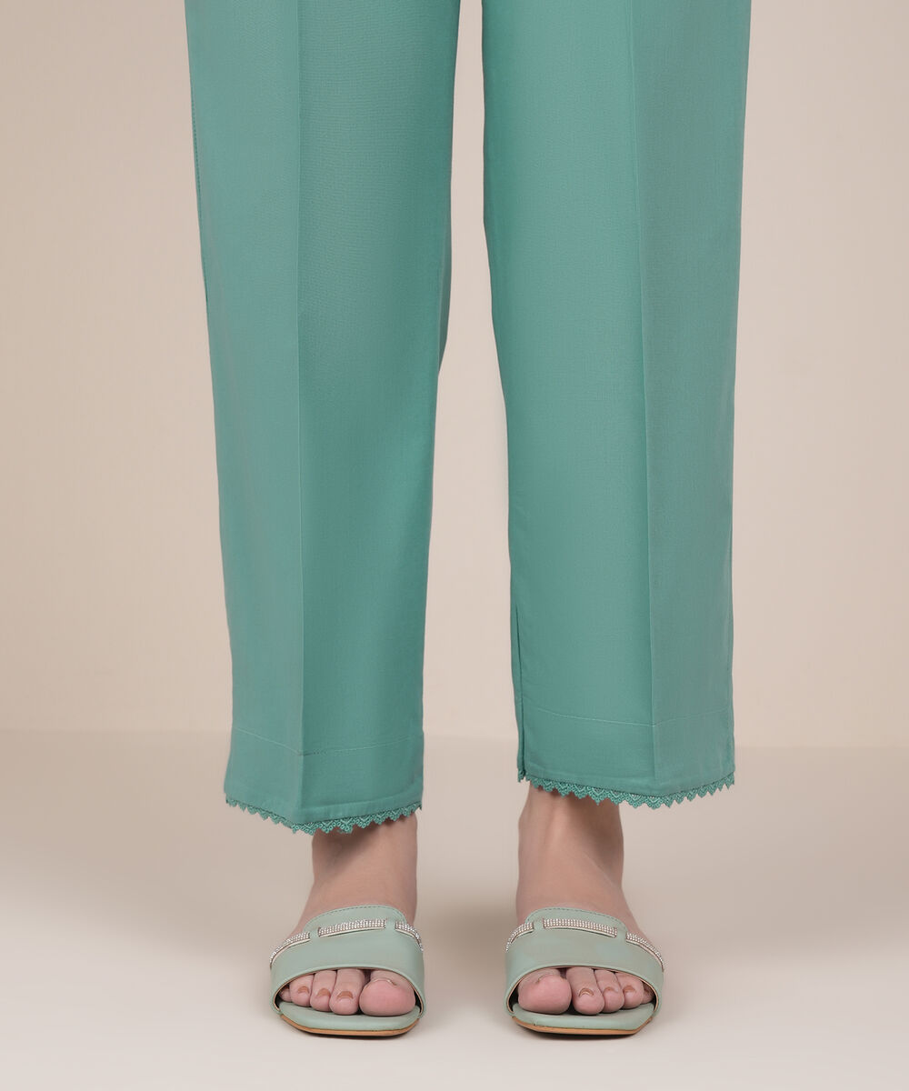 Women's RTW Cambric Blue Solid Straight Pants