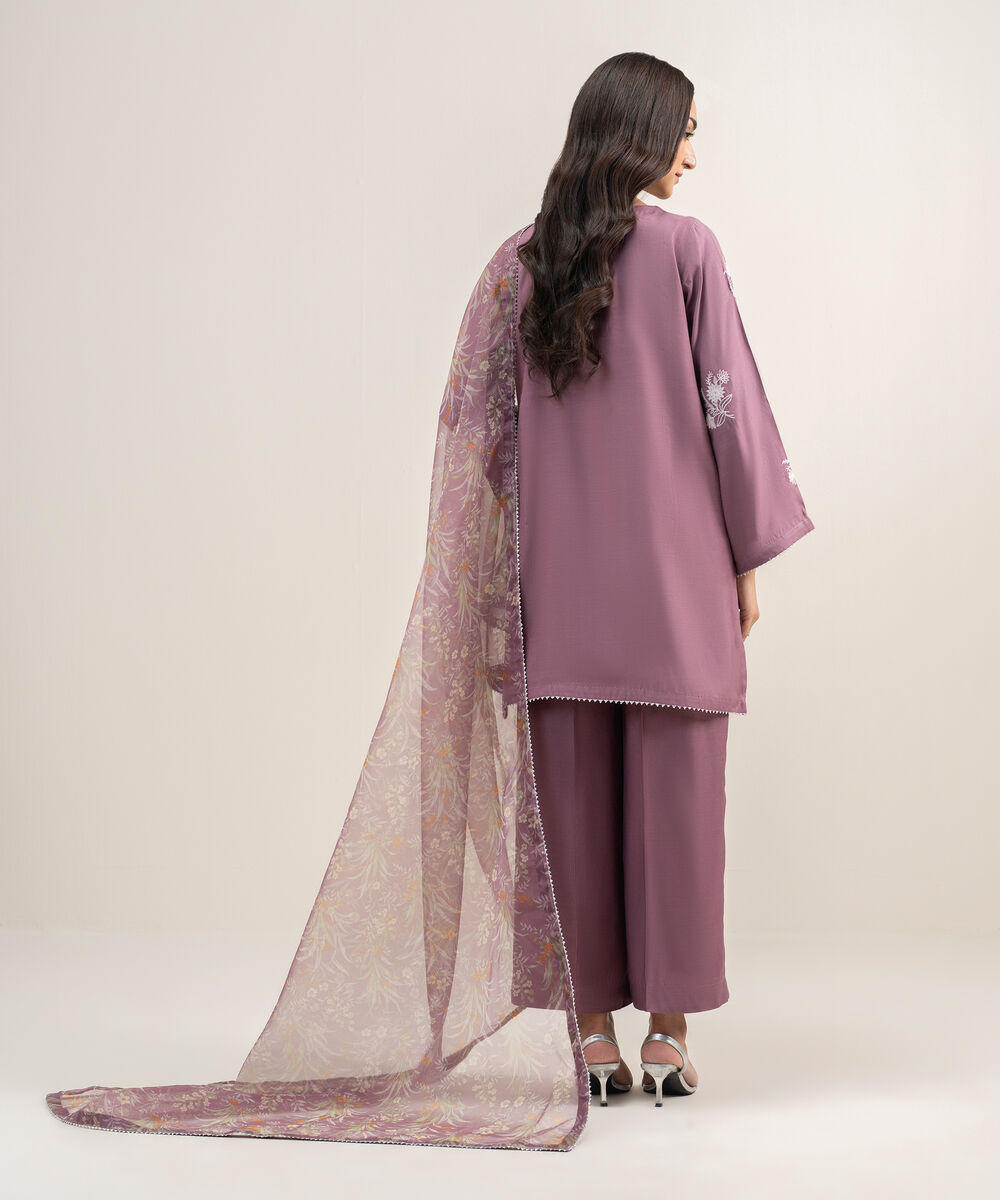 Women's RTW Viscose Raw Silk Embroidered Mauve 3 Piece Suit