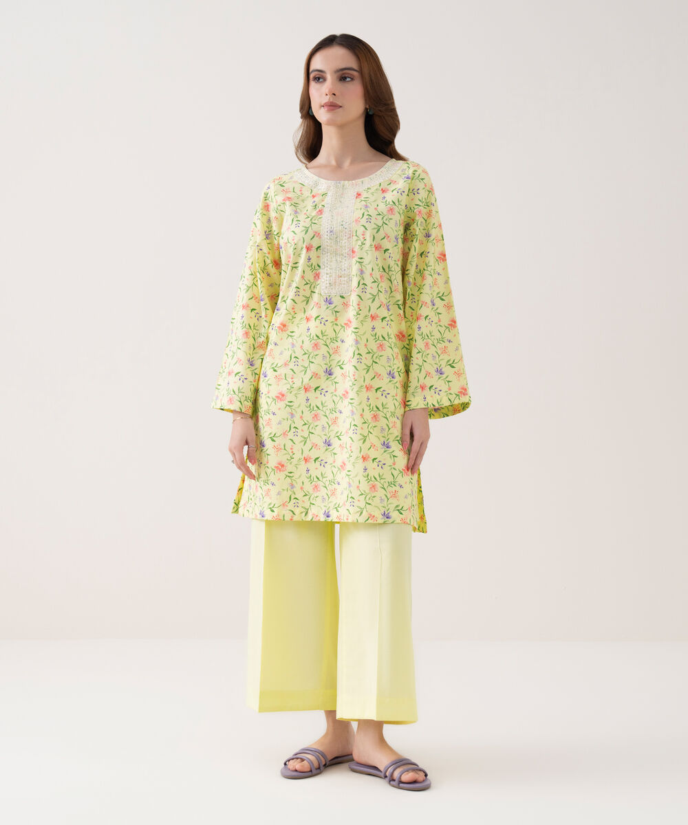 Women's RTW Cotton Viscose Embroidered Straight Yellow Shirt