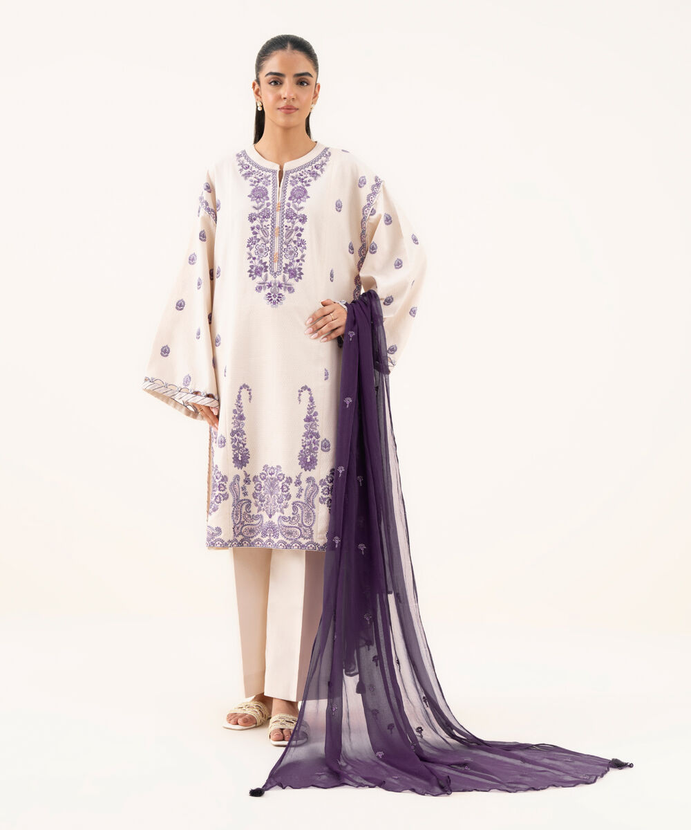 Women's Unstitched Dobby Embroidered Off White Three Piece Suit