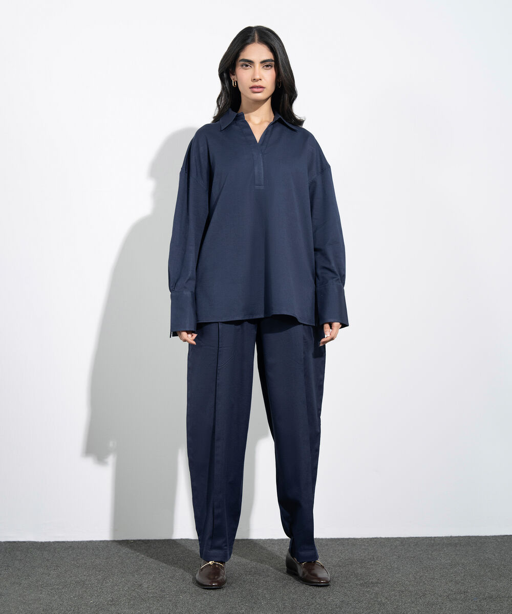 Women's Western Navy Loose-Fit Linen Blend Tunic