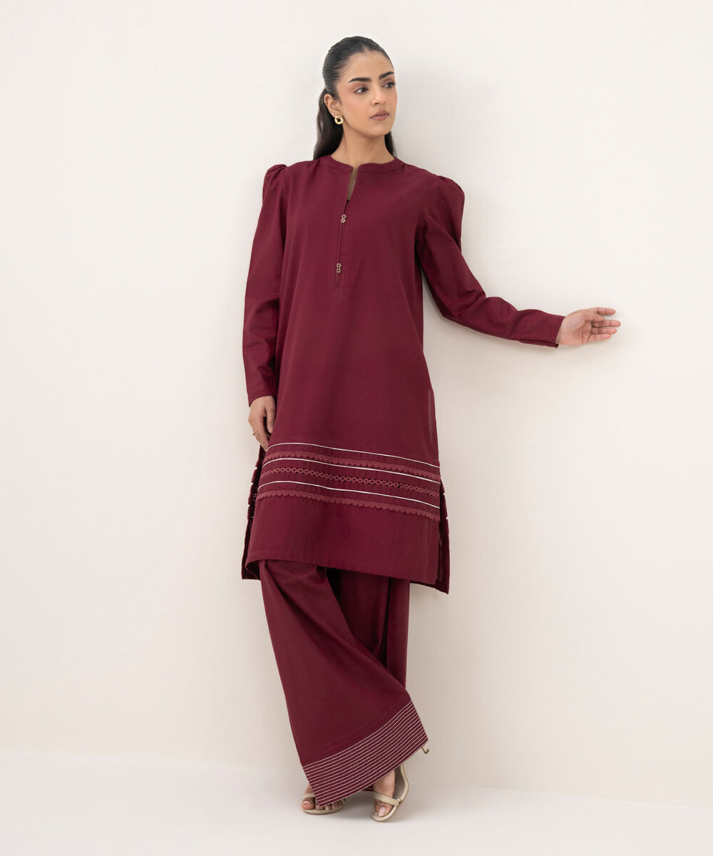 Women's RTW Light Khaddar Solid Straight Pink Shirt