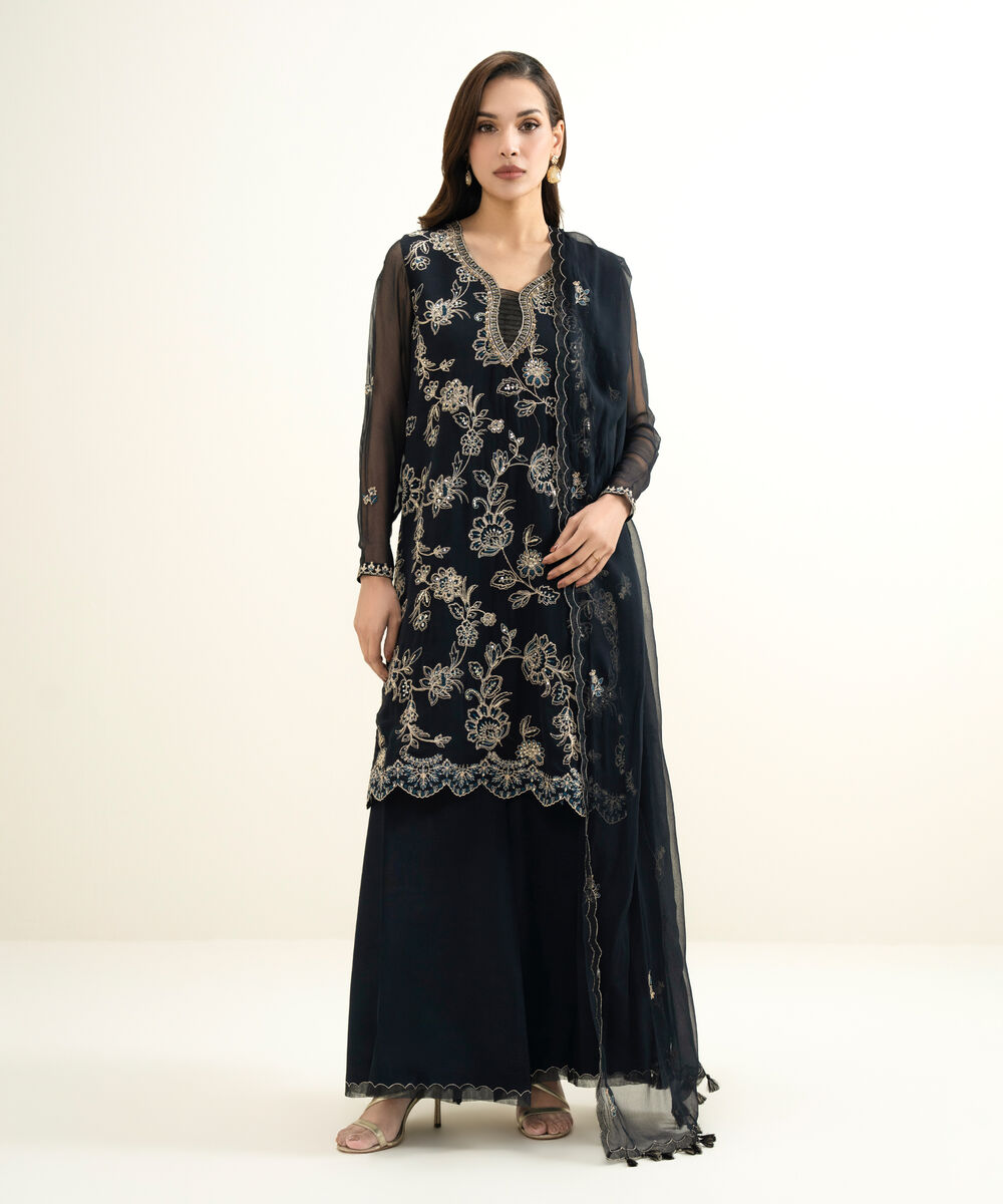 Women's Unstitched Blended Chiffon Embroidered Black  3 Piece Suit