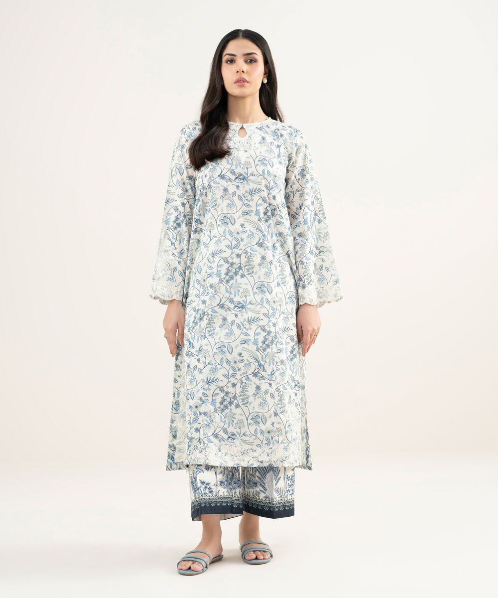 Women's RTW Slub Lawn Embroidered White A-Line Shirt