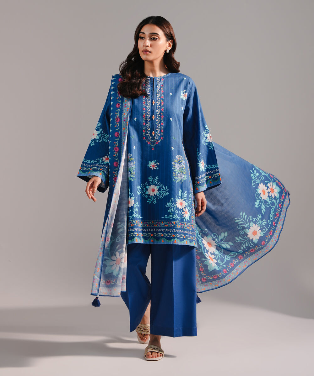 Women's RTW Dobby Printed Dark Blue 3 Piece Suit