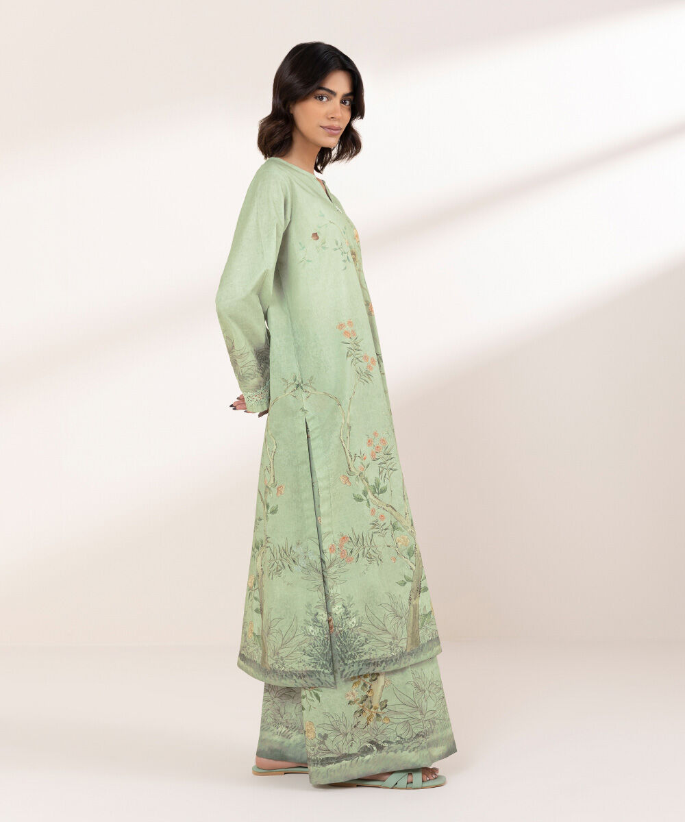 Women's RTW Cambric Green Printed A-Line Shirt