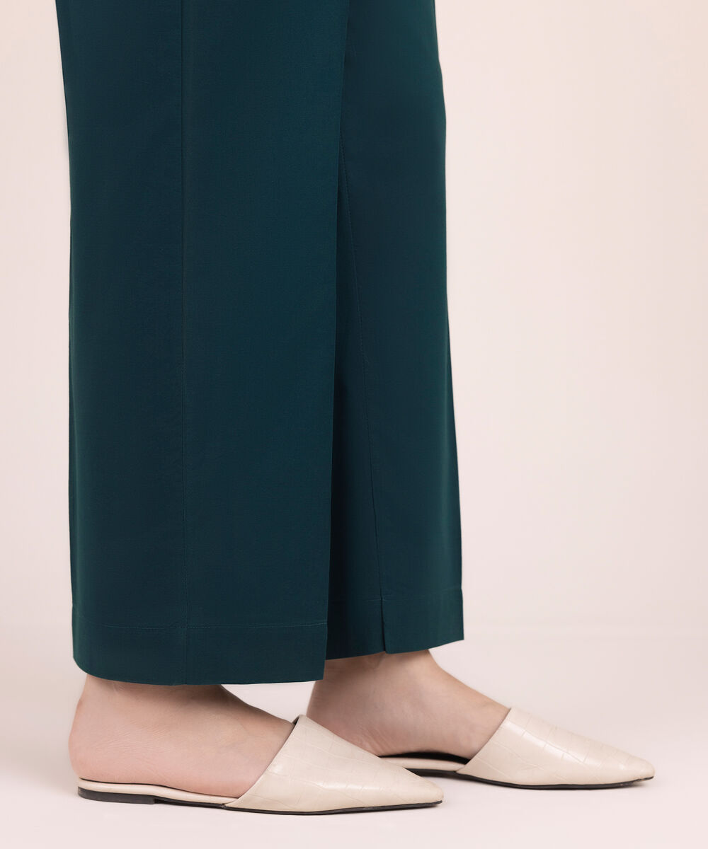 Women's RTW Cambric Solid Green Straight Pants