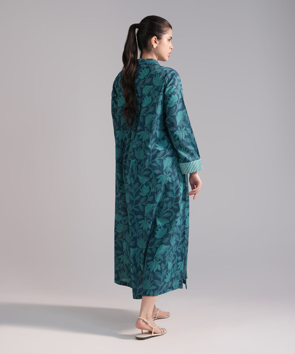 Women's RTW Slub Lawn Printed Dark Blue Dress Shirt