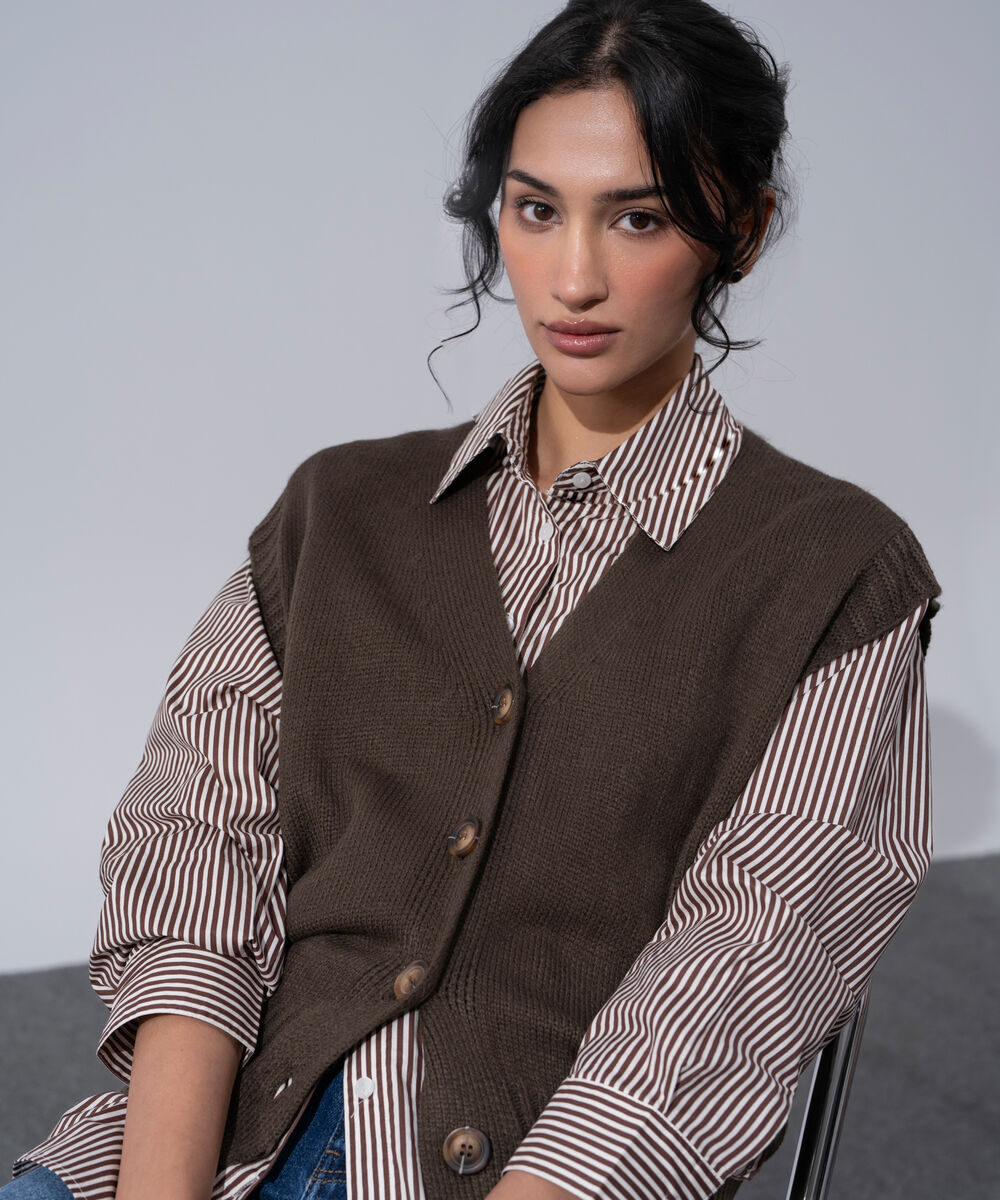 Women's Western Wear Taupe Acrylic V-Neck Sweater Vest