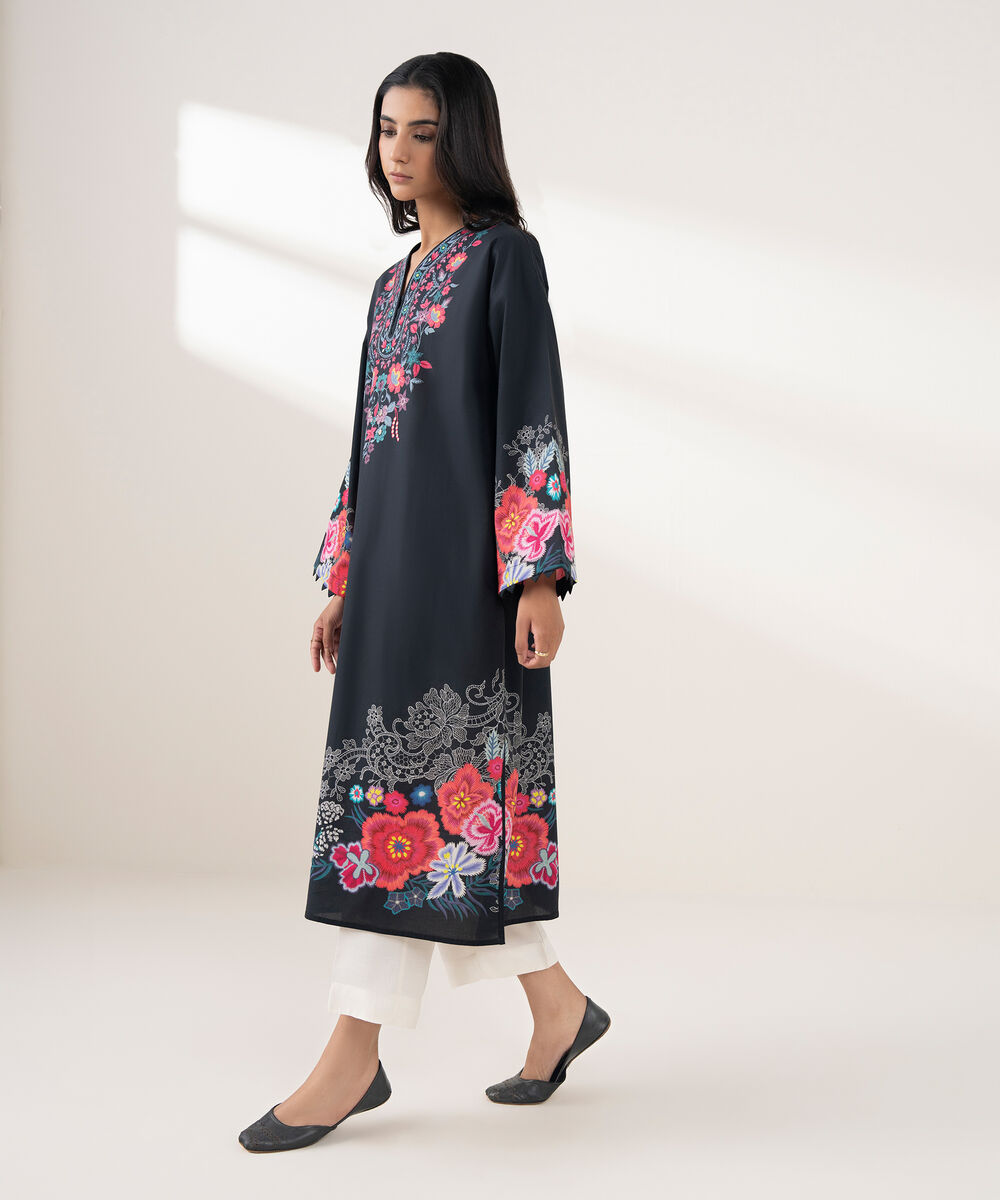 Women's RTW Khaddar Embroidered A-Line Black Shirt