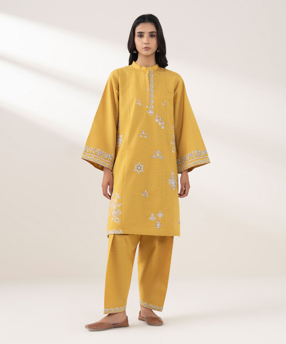 Women's RTW Zari Khaddar Embroidered Yellow 2 Piece Suit