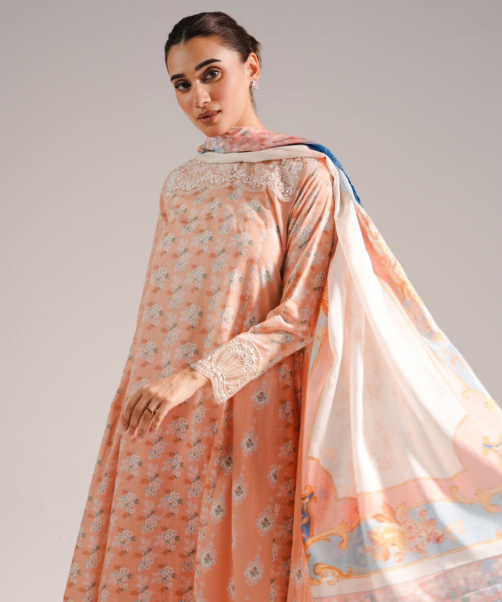 Women's RTW Cotton Satin Embroidered Peach 3 Piece Suit