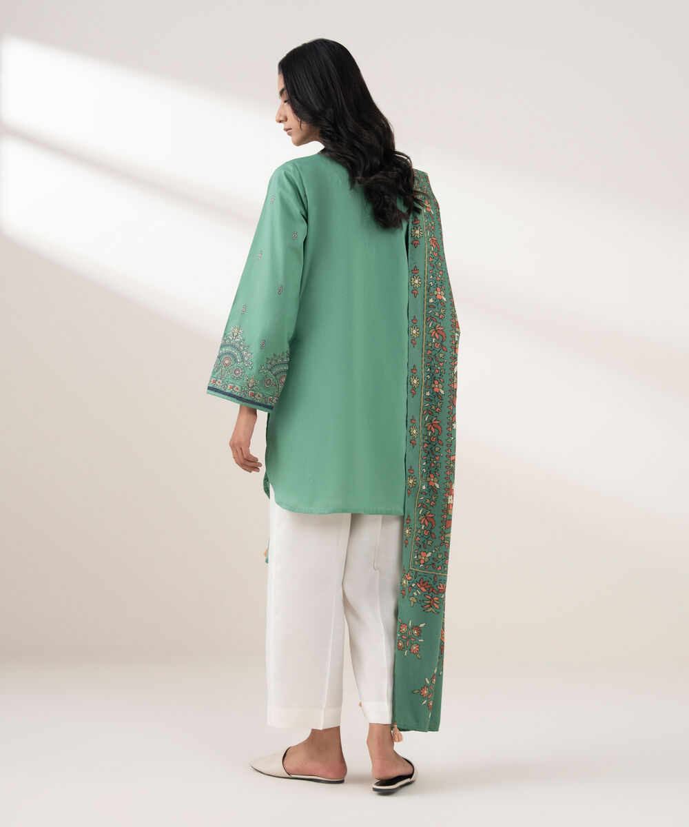 Women's RTW Cotton Embroidered Green 2 Piece Suit