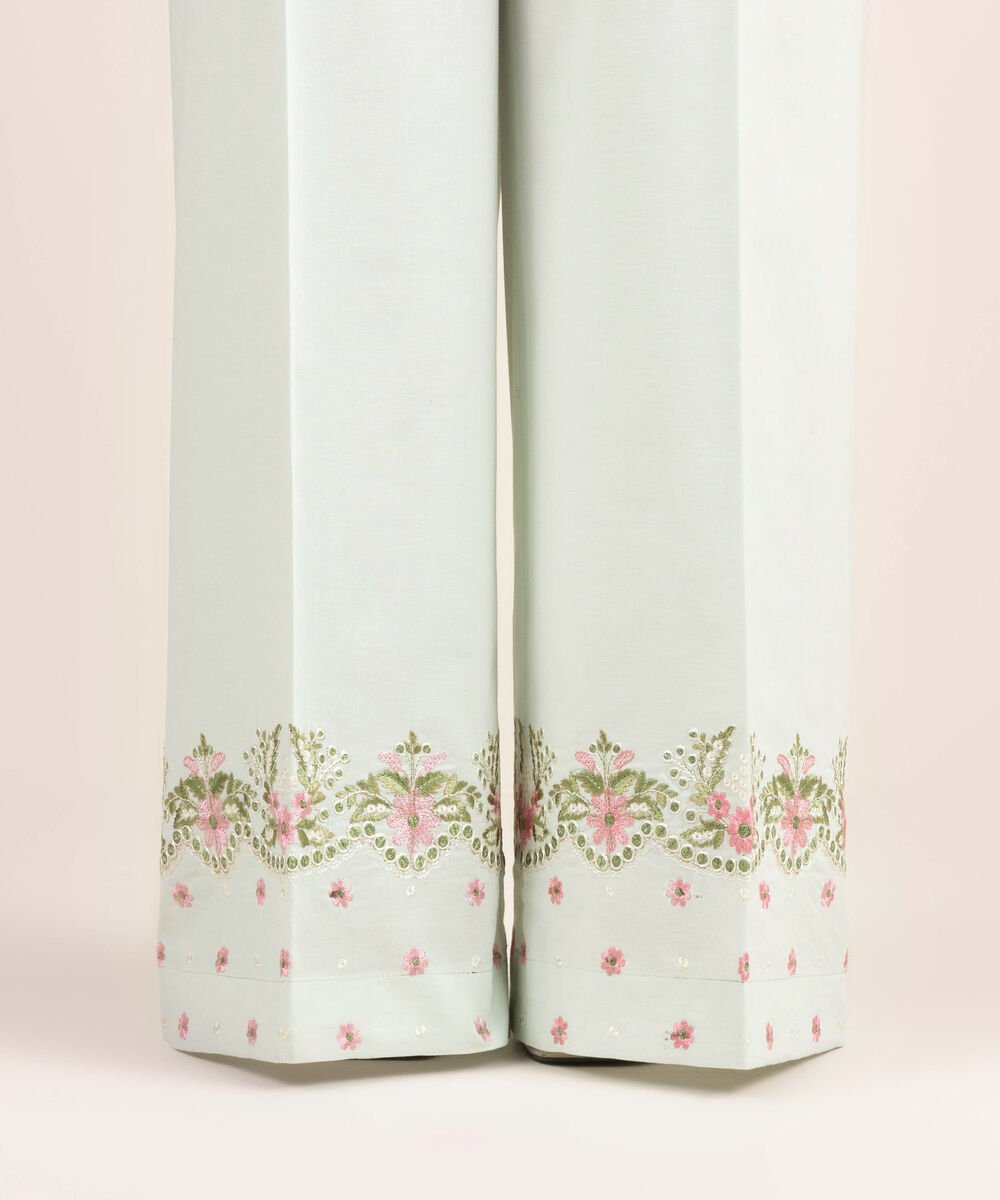 Woman - Green Embroidered Cambric Flared Pants