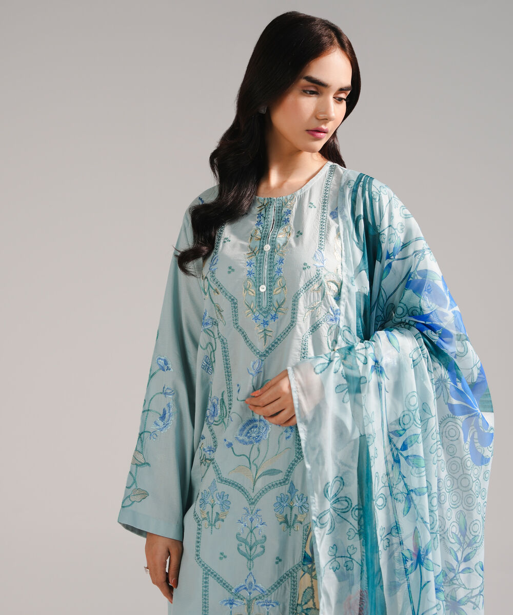 Women's RTW Zari Lawn Embroidered Light Blue 3 Piece Suit