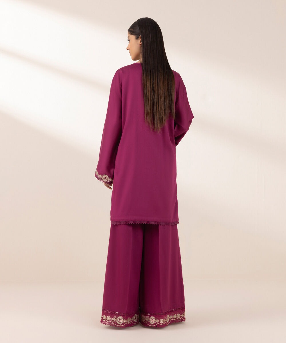 Women's Pret Cotton Satin Purple Embroidered Straight Shirt