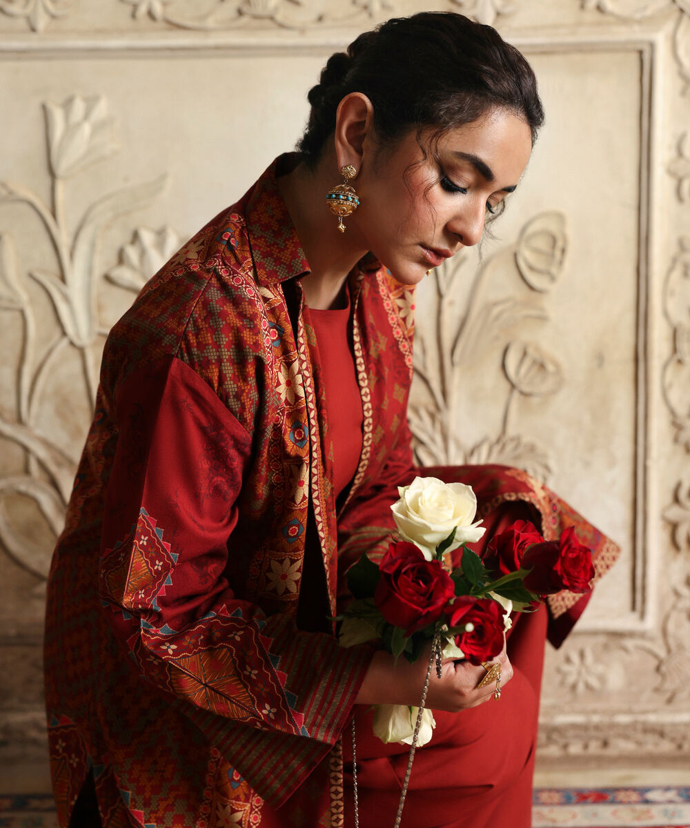 Women's Unstitched Cotton Printed Red 2 Piece Suit