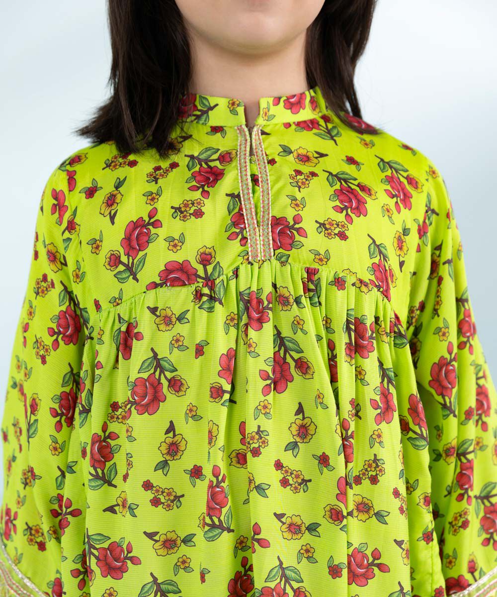 Girls 2 Piece Printed Embroidered Viscose Raw Silk Suit in Green