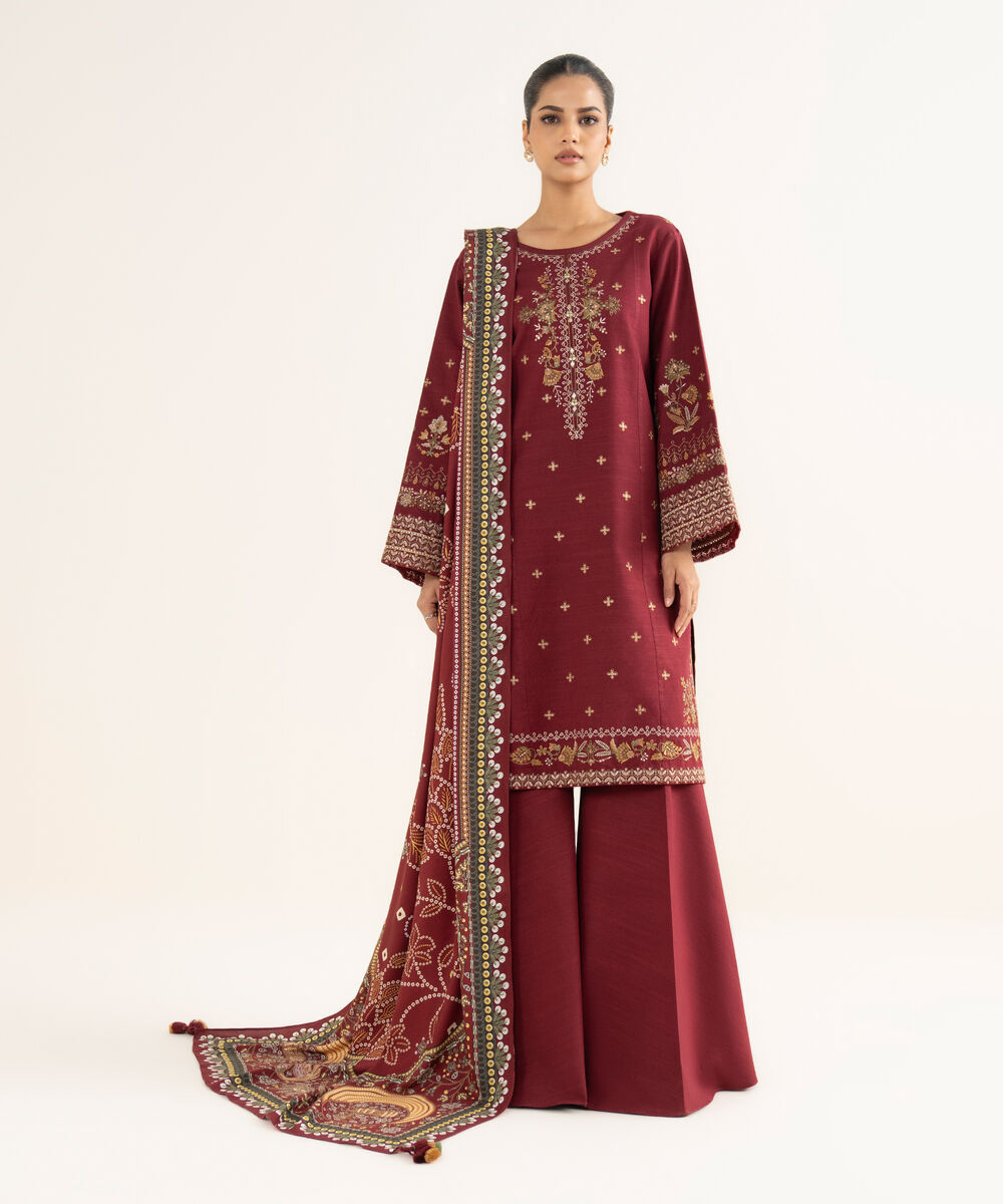 Women's Unstitched Textured Cotton Embroidered Red 3 Piece Suit