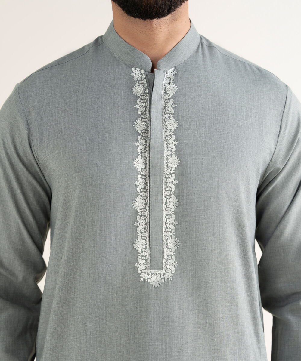 Men's Textured Wash & Wear Embroidered Grey Kurta Shalwar