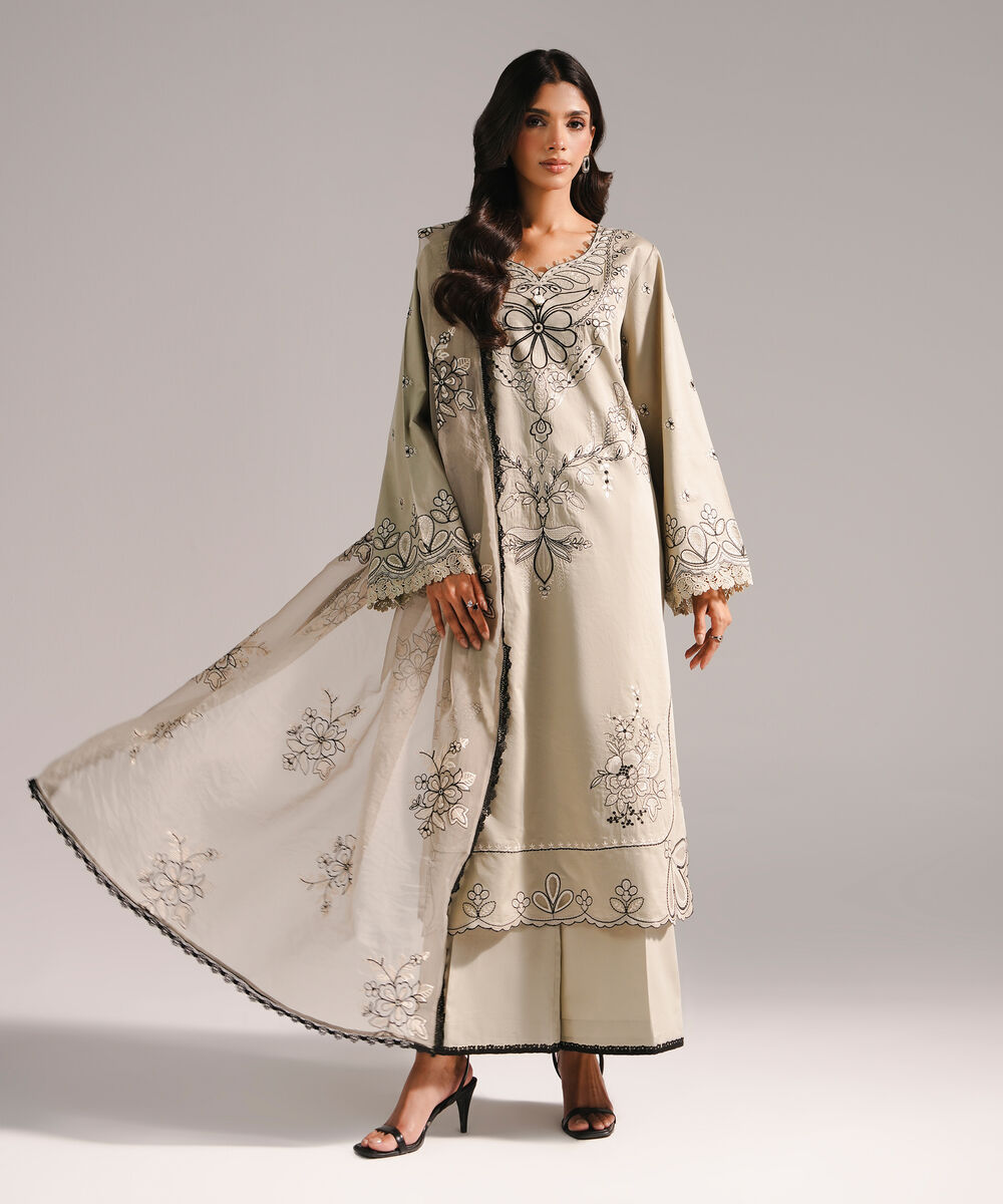 Women's RTW Cotton Satin Embroidered Grey 3 Piece Suit