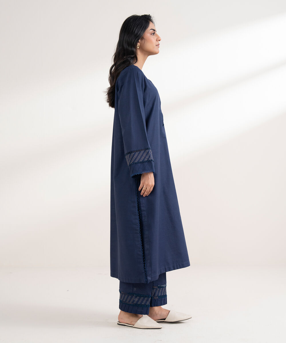 Women's RTW Khaddar Embroidered A-Line Blue Shirt
