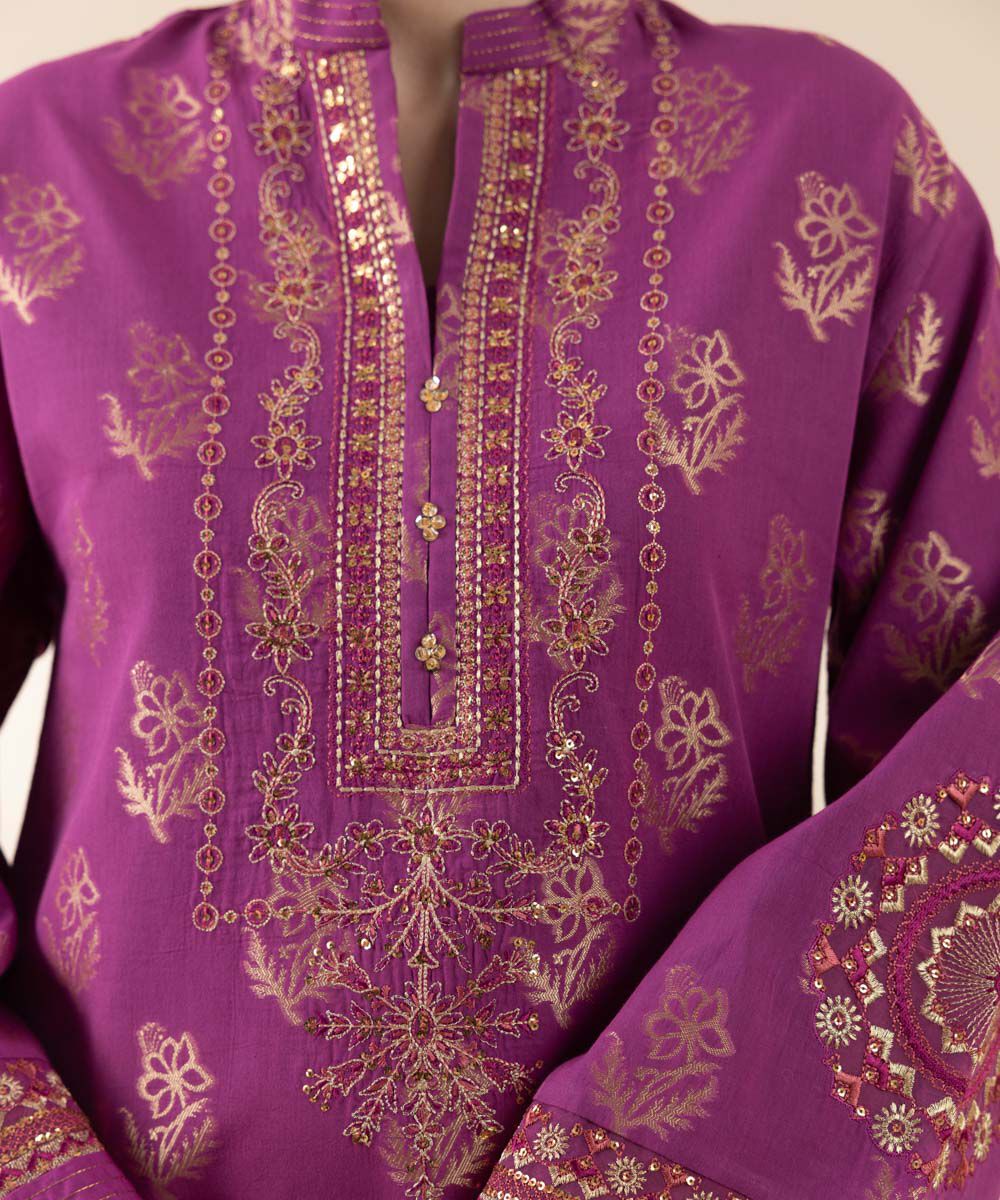 Unstitched Women's Embroidered Extra Weft Jacquard Pink Three Piece Suit