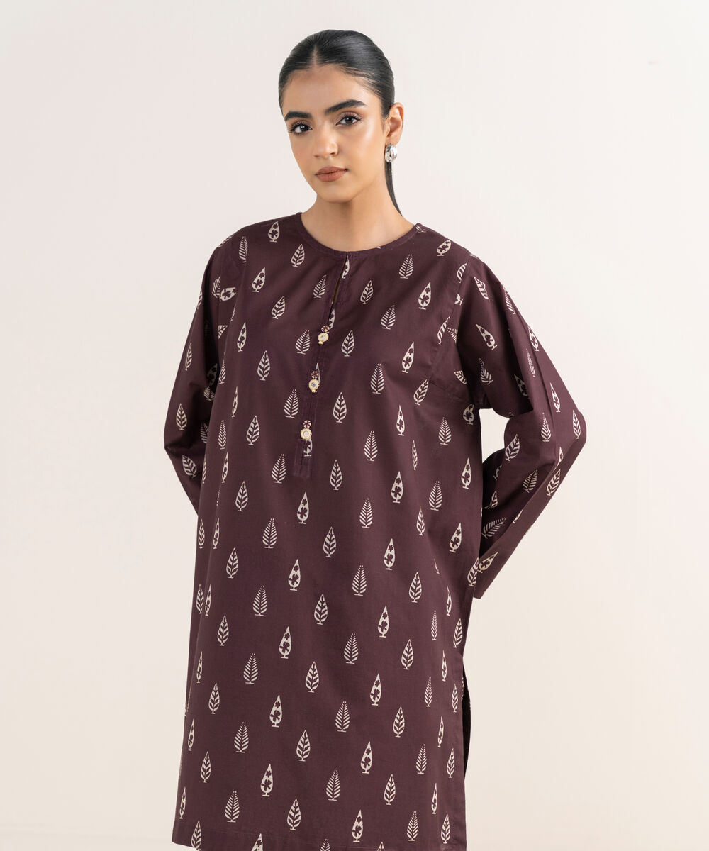 Women's RTW Textured Lawn Brown Printed A-Line Shirt