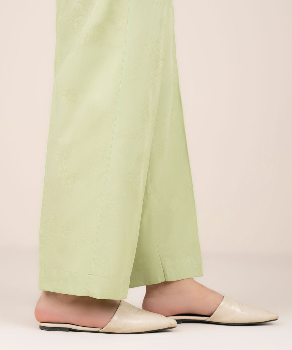 Women's RTW Self Jacquard Leno Solid Green Straight Pants