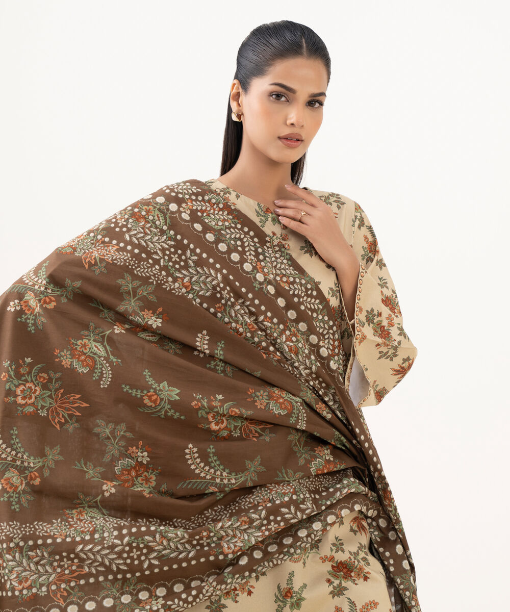 Women's Unstitched Cotton Printed Beige  Three Piece Suit