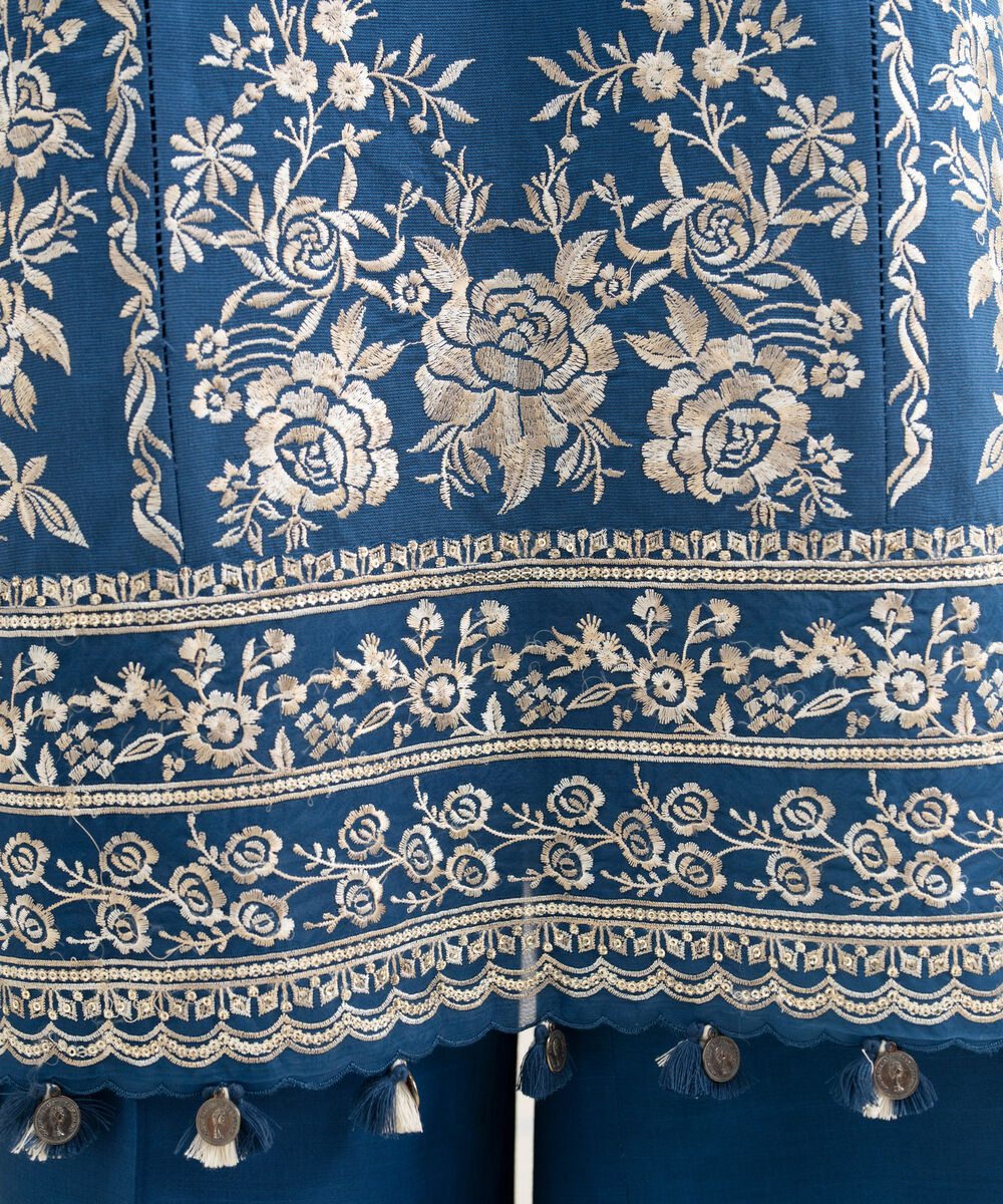 Women's Unstitched Cotton Net Embroidered Blue 3 Piece Suit