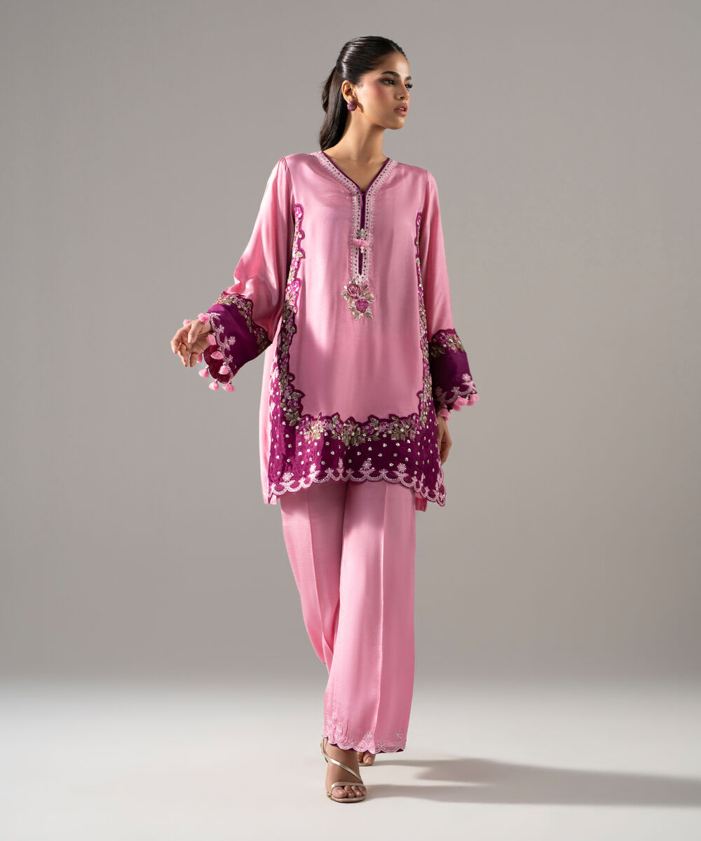 Women's RTW Thai Silk Solid Embroidered Pink 2 Piece Suit