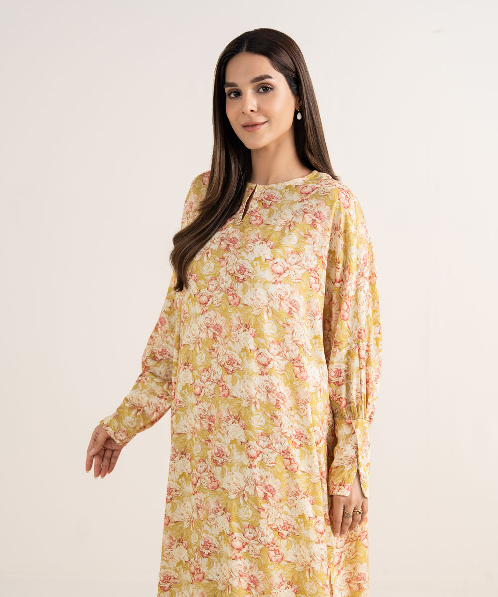 Women's RTW Arabic Lawn Yellow Printed Drop Shoulder Shirt
