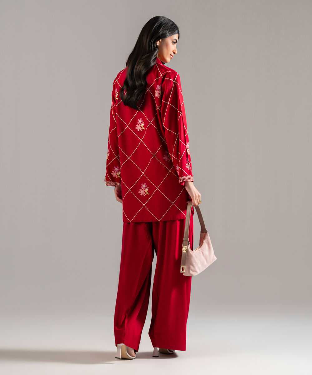 Women's RTW Bedford Solid Embroidered Red Straight Shirt