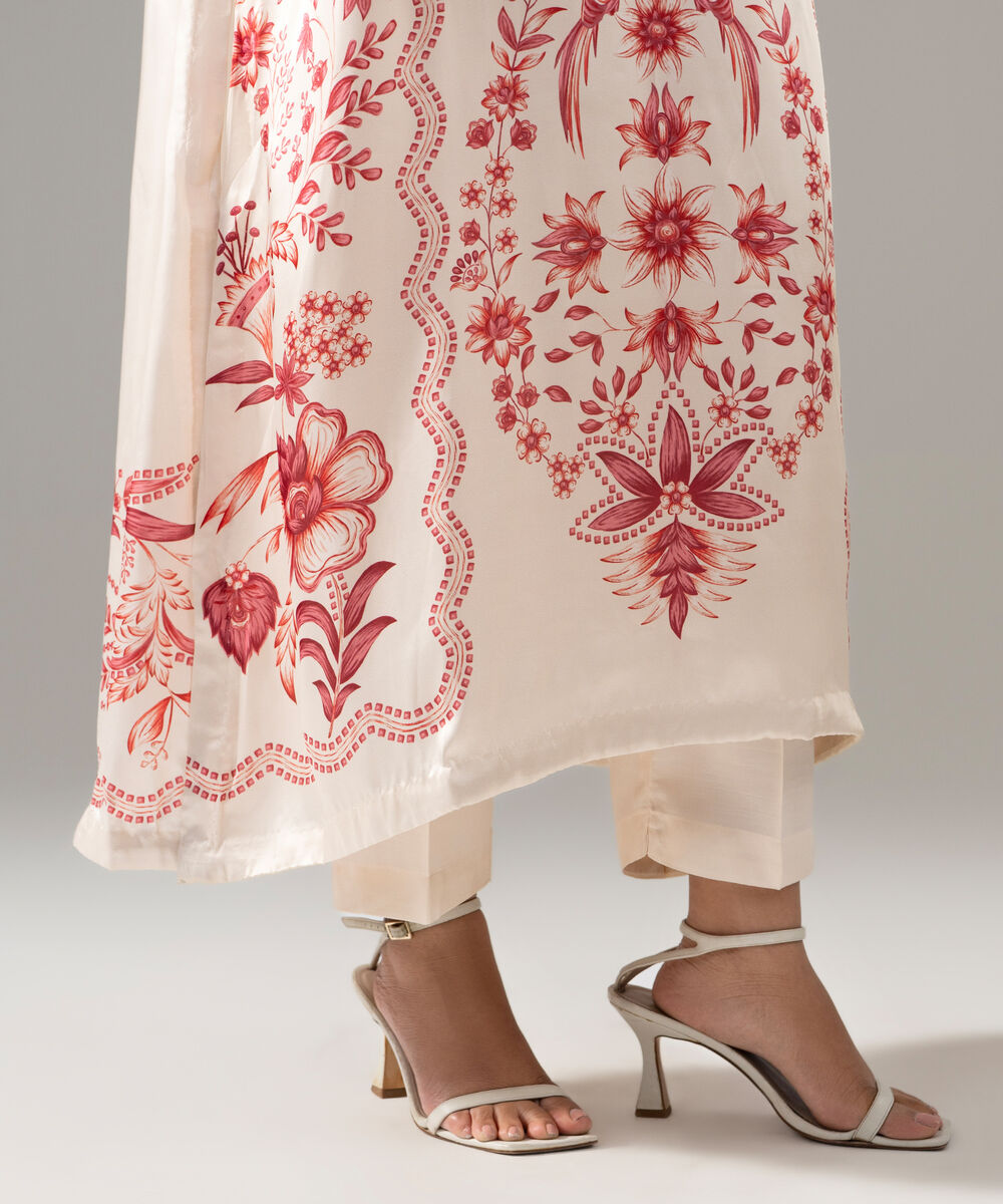 Women's RTW Viscose Raw Silk Printed Beige 2 Piece Suit