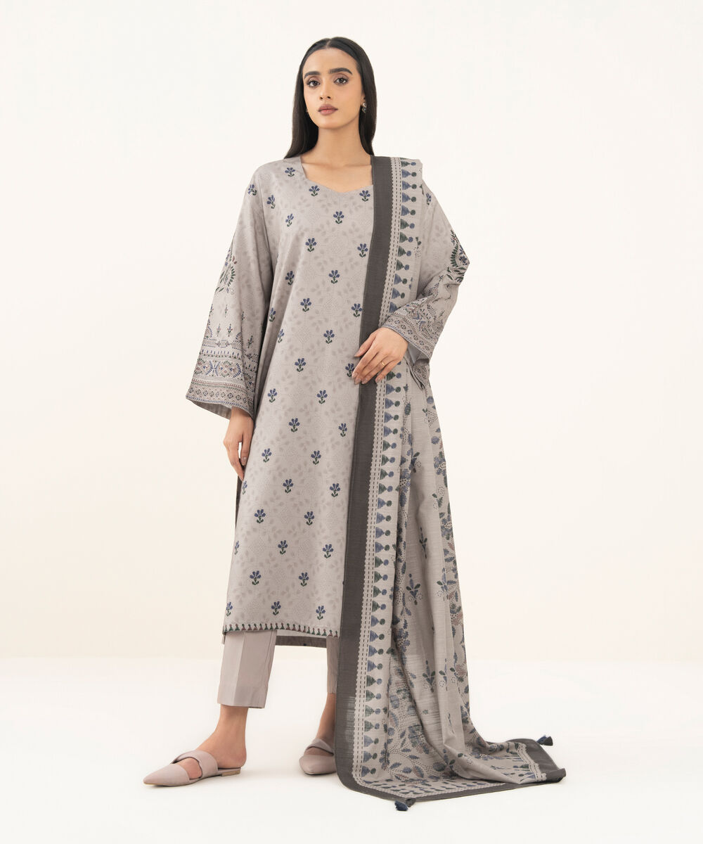 Women's Unstitched Printed Linen Beige 3 Piece Suit