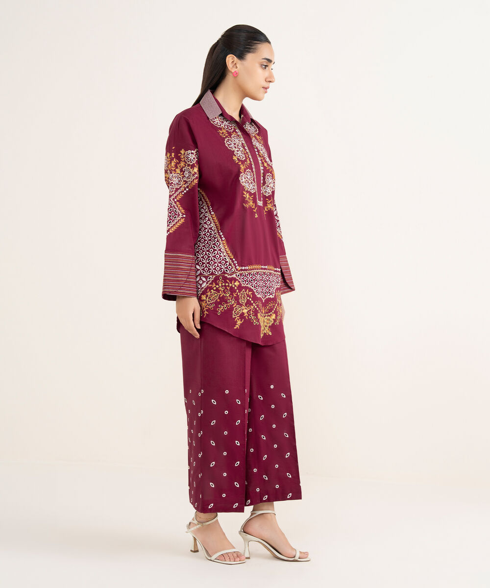 Women's RTW Cross Hatch Maroon Embroidered Boxy Shirt