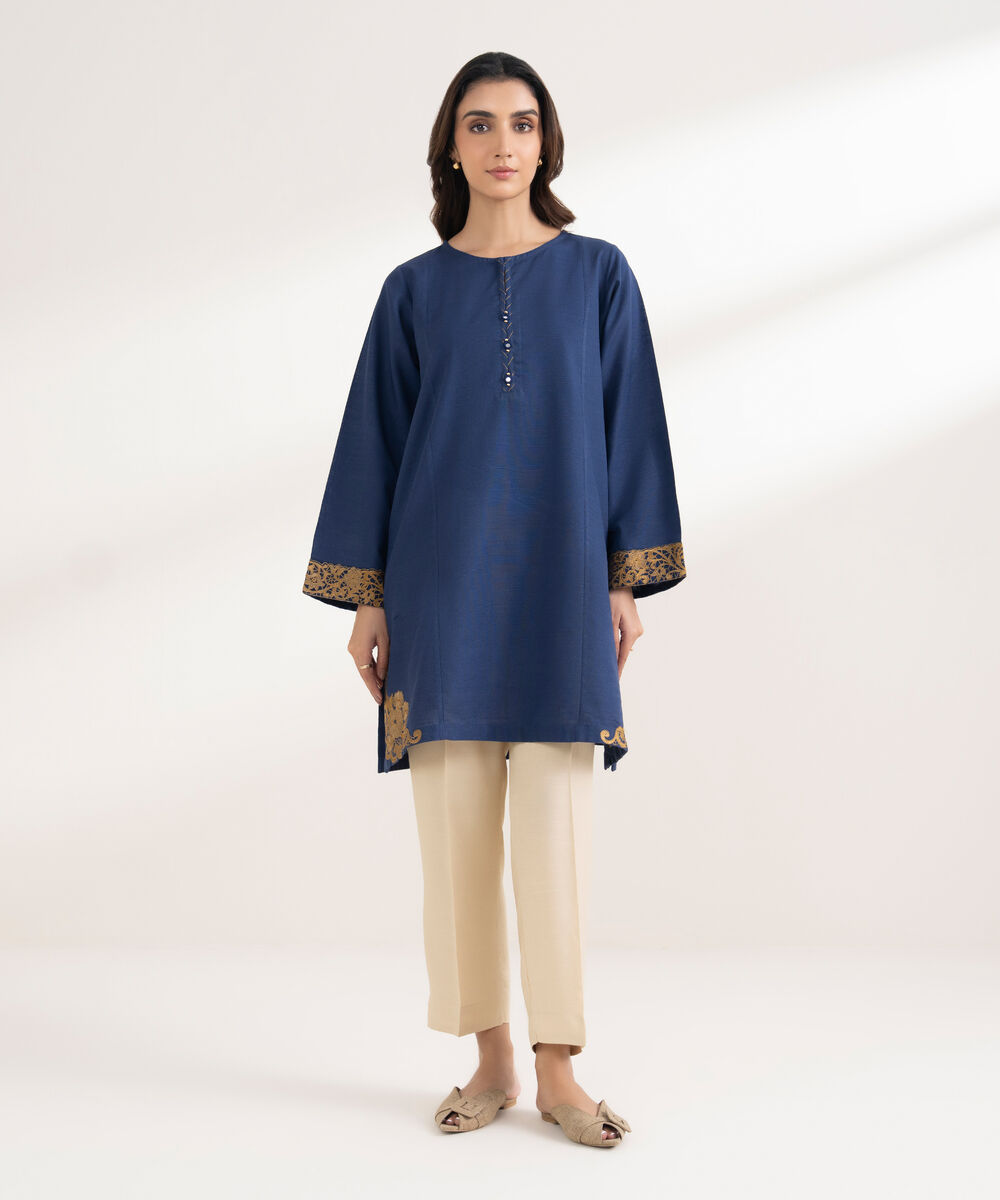 Women's RTW Cotton Embroidered Straight Blue Shirt