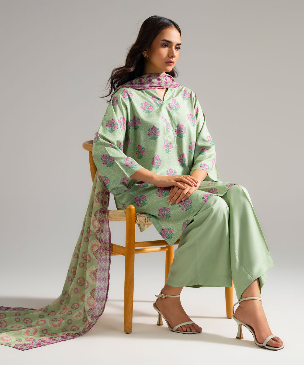 Women's RTW Arabic Lawn Printed Green 3 Piece Suit