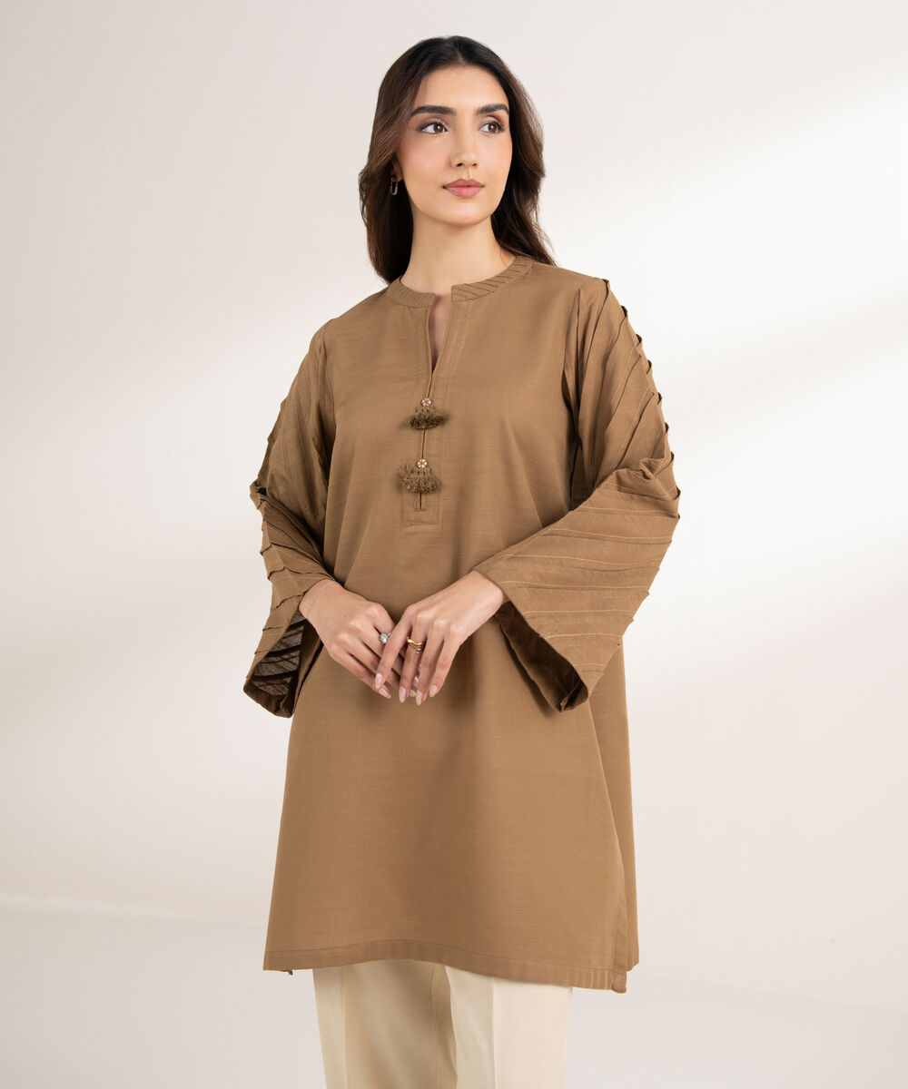 Women's RTW Khaddar Solid Straight Beige Shirt